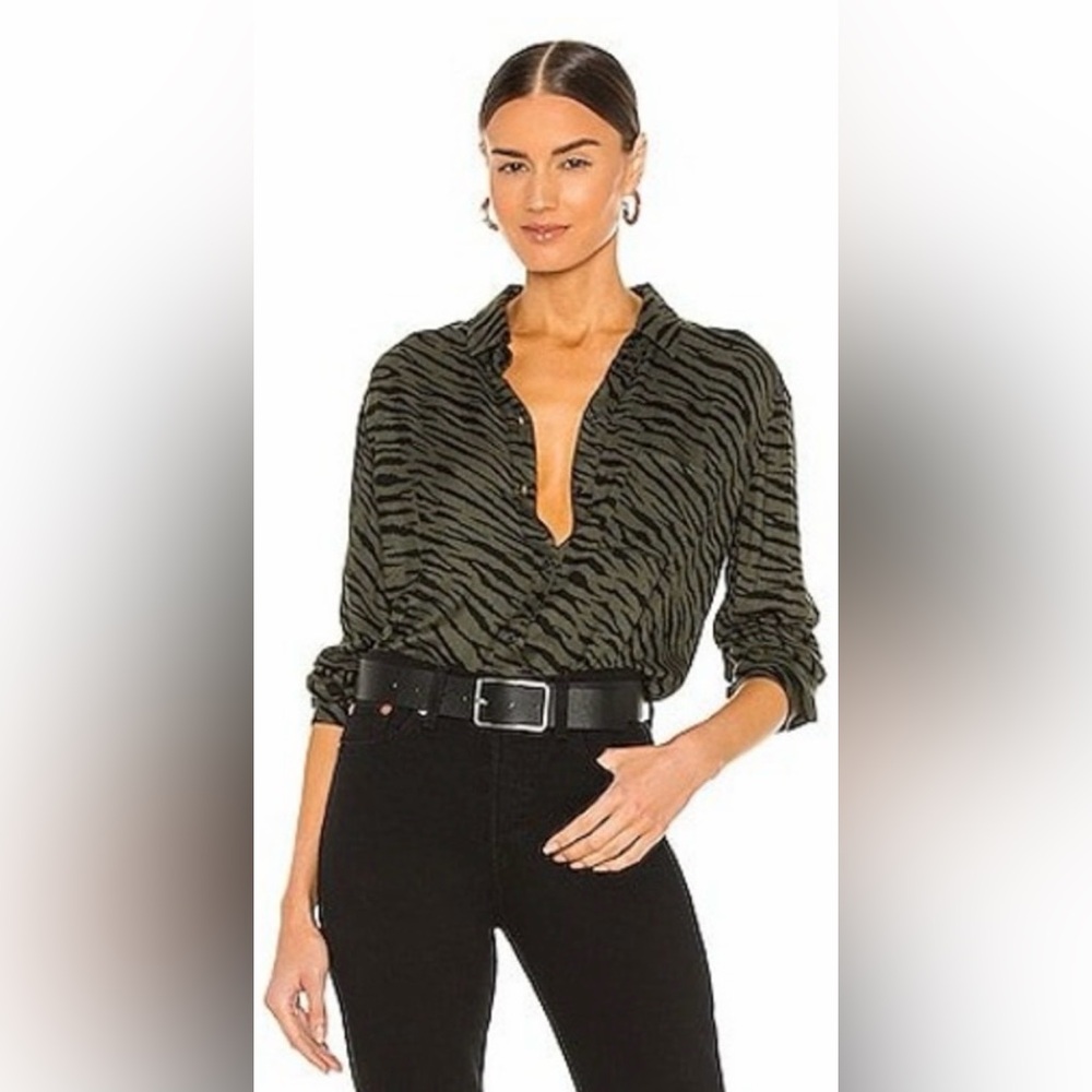 RAILS Hunter Olive Animal Stripe Long Sleeve Button Up Blouse Size S
